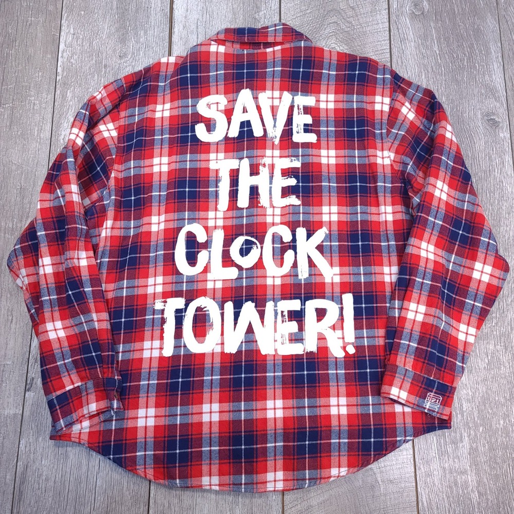 Cakeworthy Back to the Future Flannel Women 3XL Red Save the Clock Tower Plaid